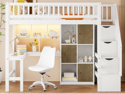 Loft Bed With Built In L Shaped Desk, LED Lights, Storage Shelves, Cabinets, And Staircase