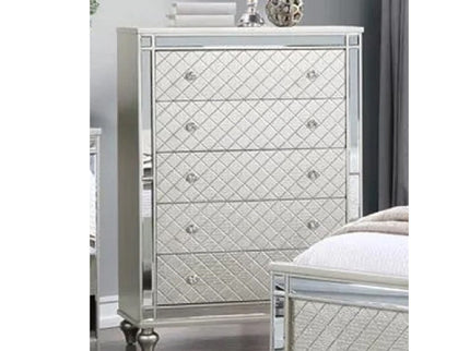 5 Drawer Bedroom Chest With Diamond Patterned Fronts - Silver