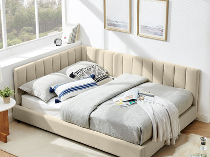 Mid-Century Upholstered Tufted Bed Frame With Backrest And Armrests