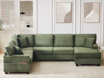 Upholstered U-Shaped Sectional Sofa With Movable Ottoman And Side Storage Pockets