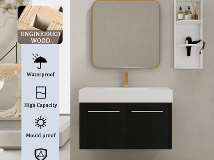 Modern Wall Mounted Bathroom Vanity With Thick Edge Resin Sink And Storage Rack