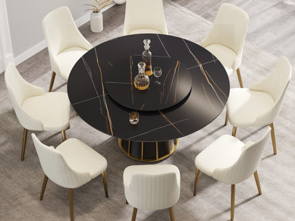 Modern Artificial Stone Round Metal Iron Base Dining Table, Can Accommodate 8 People Artificial Stone Turntable (Not Including Chairs) - Black