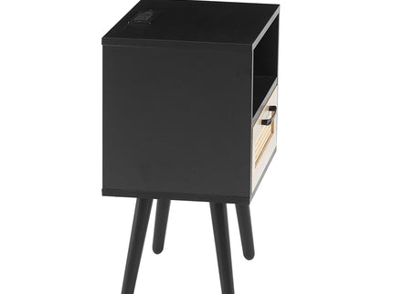 15.75" Rattan End Table With Power Outlet & USB Ports, Modern Nightstand With Drawer And Solid Wood Legs, Side Table For Living Room, Bedroom