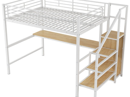 Loft Bed With Desk, Storage Staircase, Small Wardrobe And LED Light