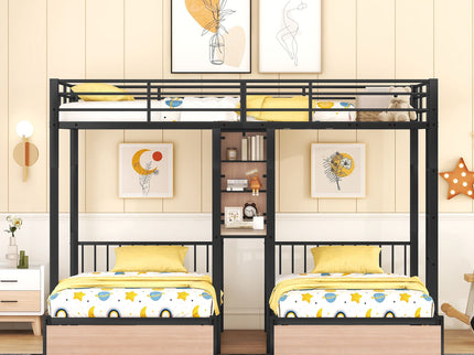 Triple Bunk Bed With Drawers, Multi-Functional Frame With Desks And Shelves In The Middle