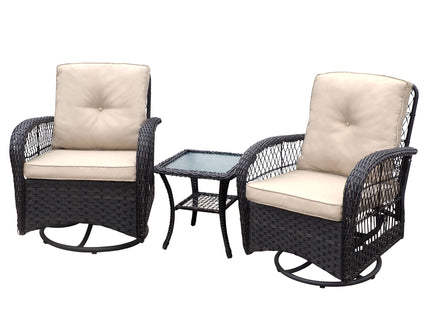 3 Pieces Conversation Set, Outdoor Wicker Rocker Swivel Patio Bistro Set, Rocking Chair With Glass Top Side Table