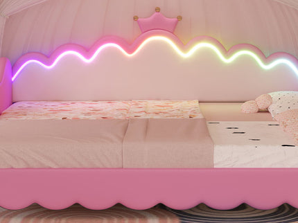 Extending Daybed With LED Lights, Modern Upholstered Princess Daybed With Crown Headboard