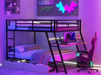 Full Size Bunk Bed With Built In Desk, Light, And 2 Drawers - Black