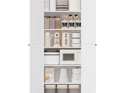 Kitchen Pantry Cabinet With Doors, Heavy-Duty Freestanding Storage Organizer With 5 Adjustable Shelves, Tool Free Assembly - White