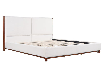 King Upholstered Bed Frame, No Box Spring Needed - Walnut / White