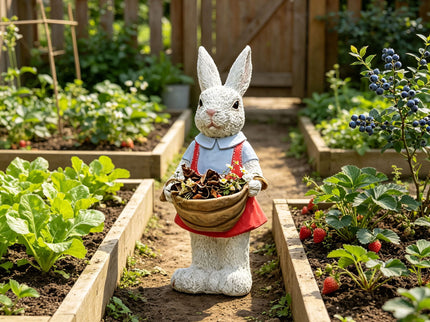 Whimsical Rabbit Statue Flower Pot Ornament, Garden Decor - Pink / White
