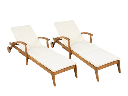 Versatile Chaise Lounge With Wheels Acacia Wood Recliner For Patio - Cream