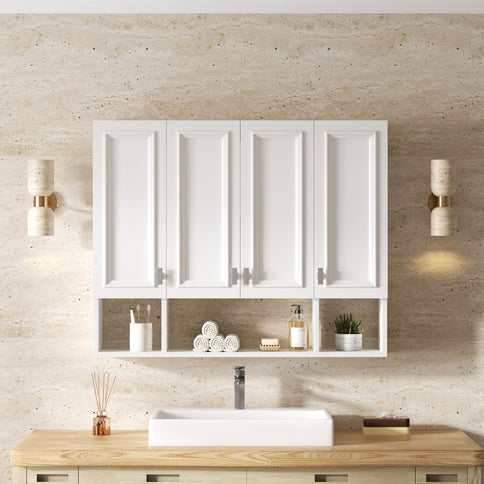 Bathroom Cabinet With 3 Adjustable Shelves Wall Mounted Medicine Cabinet, Soft Closing Hinges, Open Shelving Design - White