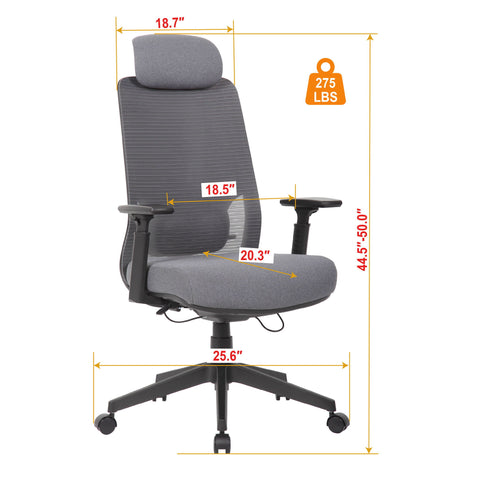High Back Breathable Ergonomic Office Chair With Adjustable Headrest & 5D Armrest, Height Adjustable Swivel - Antique Gray