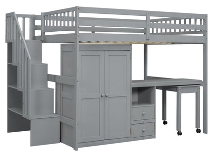 Loft Bed With Stairs, Bookshelf, Drawers, Desk & Wardrobe, Space Saving Multifunctional Furniture