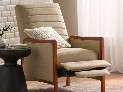 Mid Century Modern Fabric Channel Stitch Wood Pushback Recliner