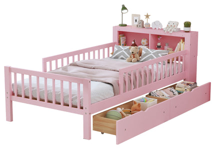 Bed With Headboard Storage Rack, 2 Under Bed Drawers, 3 Side Guardrails For Safety