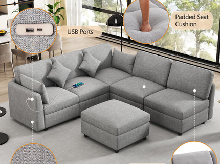 Sectional Sofa Modular U-Shaped With Ottoman & USB Ports