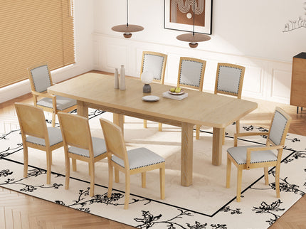 Topmax - Rustic Extendable Dining Table Set With Removable Leaf, 6 Upholstered Armless Dining Chairs And 2 Padded Arm Chairs, 9 Pieces