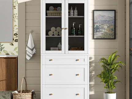 Freestanding Tall Bathroom Cabinet With Adjustable Shelves, Drawers, Soft Close Glass Doors