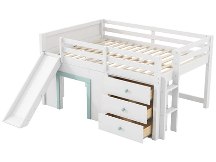 Modern Low Loft Bed With Slide, 3 Storage Drawers, And 2 Doors