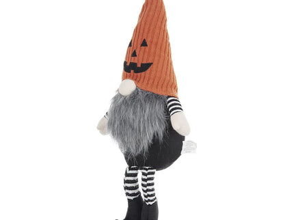Sitting Gnome With Knit Hat, For Halloween Decor - Black / Orange / White