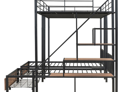 Full Over Twin-Twin Triple Bunk Bed With Drawers And Staircase - Black