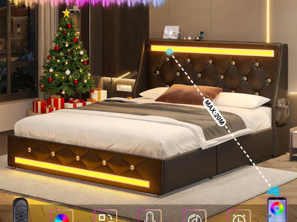 Wingback Upholstered Bed Frame With LED Lights, Charging Station