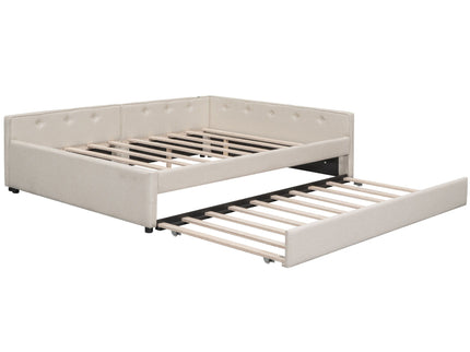 Queen Size Upholstered Platform Bed With USB And Twin Trundle - Beige