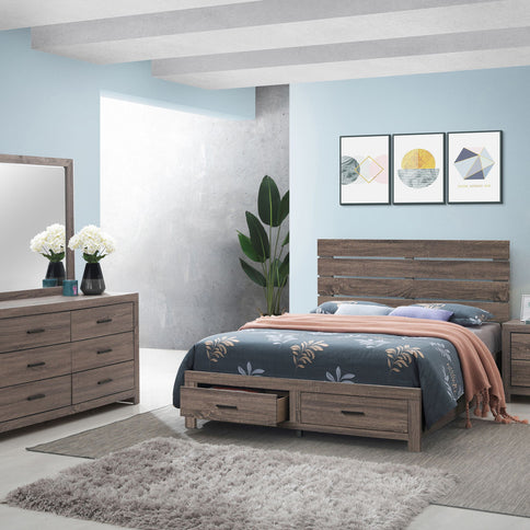 Sher - 4 Piece Queen Bedroom Set With Platform Bed, Nightstand, Dresser & Mirror - Oak