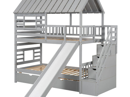 House Bunk Bed With Trundle, Storage Staircase, Roof And Window Design