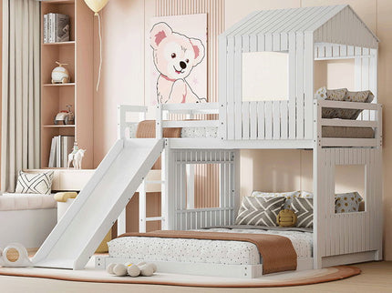 Loft Bunk Bed With Playhouse, Farmhouse, Ladder, Slide And Guardrails