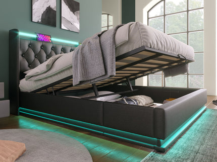 Upholstered Bed, 360 Surround LED Function, Remote Control, Hydraulic Storage Bed With USB, Type-C Charging (Without Mattress)