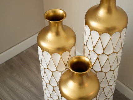 Floor Metal Vase Modern Style Decoration Home Droplet Shaped Metal Vase 3 Piece Set Gorgeous Home Decoration Large Glazed Metal Vase - Gold / White