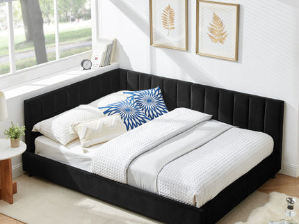 Mid-Century Upholstered Tufted Bed Frame With Backrest And Armrests
