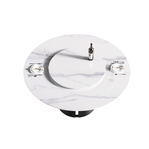 Modern Artificial Stone Round Carbon Steel Base Dining Table, Can Accommodate 6 People, Artificial Stone Turntable