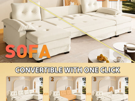 U-Shaped Sleeper Sofa With Pull Out Bed, Removable Armrests & USB Ports For Living Room