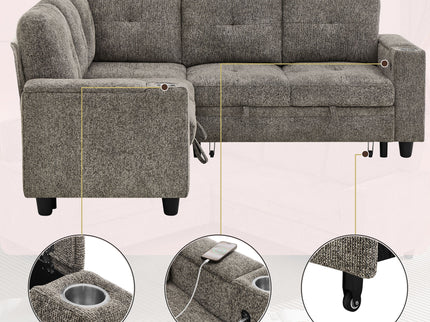 5 Seat Reversible L - Shaped Sleeper Sofa, Pull Out Convertible Sectional Couch With Storage, USB C - Charger, Cup Holders Modular Sofa Bed - Gray