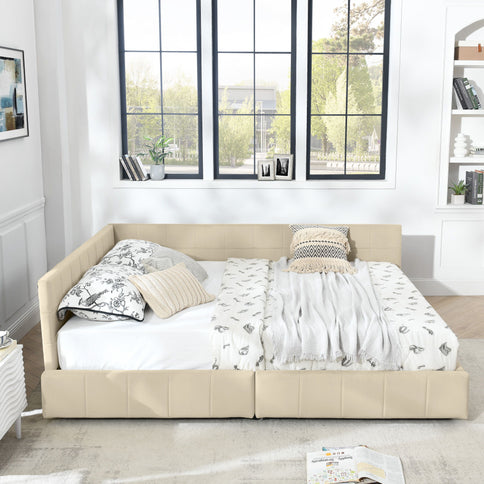 Mid-Century Storage Upholstered Tufted Bed Frame With Backrest And Armrests