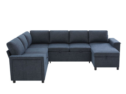 U - Shaped Convertible Sectional Sofa Bed With Storage, USB Charger & Cup Holders
