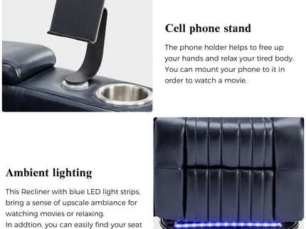 270° Power Swivel Recliner Home Theater Chair With Hidden Arm Storage, LED Light, Cup Holder, And Tray Table