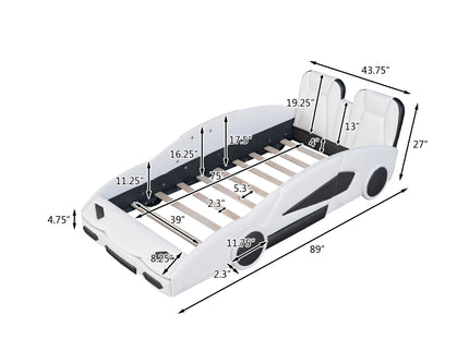 Race Car Shaped Twin Platform Bed With Wheels, Pine Wood Construction