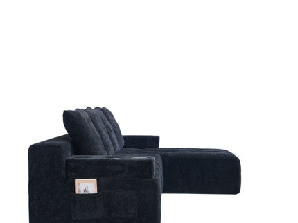 L - Shaped Sectional Sofa With Side Pockets, Wireless Charging, USB Ports, Cup Holder, Bluetooth Speaker, Reversible Lounge Chaise - Black