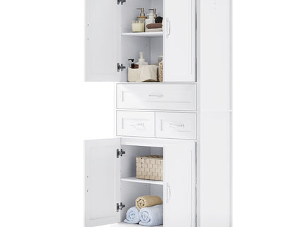 Tall Bathroom Storage Cabinet With 4 Doors 3 Drawers Adjustable Shelves - White