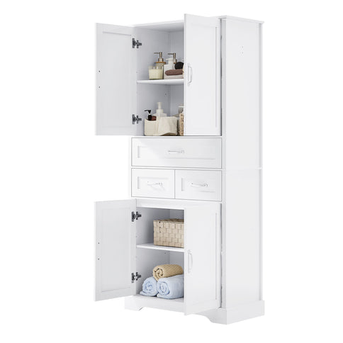Tall Bathroom Storage Cabinet With 4 Doors 3 Drawers Adjustable Shelves - White