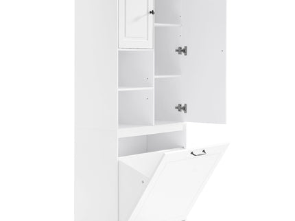 Modern Tall Storage Cabinet With Adjustable Shelves, Flip-Out Basket & Enclosed Doors