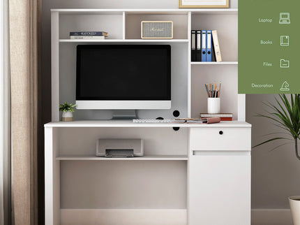 Computer Desk With Hutch & Bookshelf, Wood Executive Desk Teens Student Desk Writing Laptop Home Office Desk With Drawers, 3 Ac Outlets And 2 USB Charging Ports, Study Laptop Table For Home - White