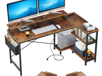 L-Shaped Gaming Desk With Power Outlets, Monitor Stand & Storage Shelves, Reversible Corner Workstation - Black / Brown