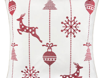 Christmas Throw Pillow With Embroidered Reindeer And Snowflakes - White