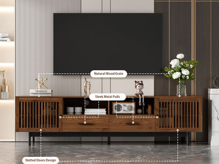 TV Stand, Media Console With 2 Drawers, Soft Closing Slatted Doors, Living Room Entertainment Center - Walnut